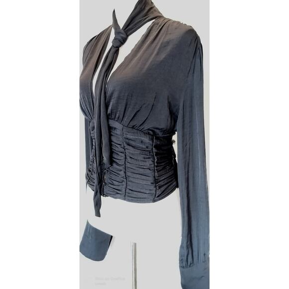 FREE PEOPLE (L)RUCHED, BUTTON FRONT, LONG BELL SLEEVES, NECK-TIE BLOUSE - Picture 8 of 13